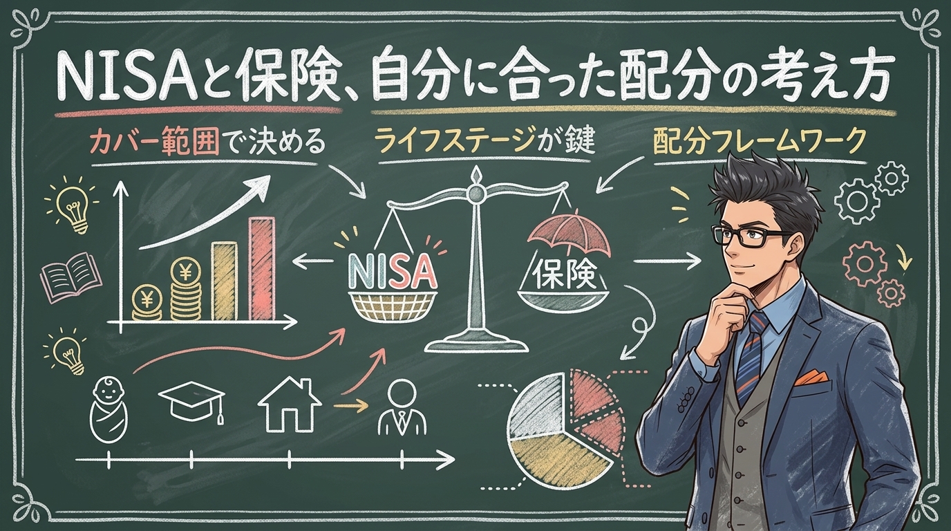 正解はないけど、迷わない考え方があるについてカバー範囲で決めるやライフステージが鍵や配分フレームワークなどの要素を描いたイラスト