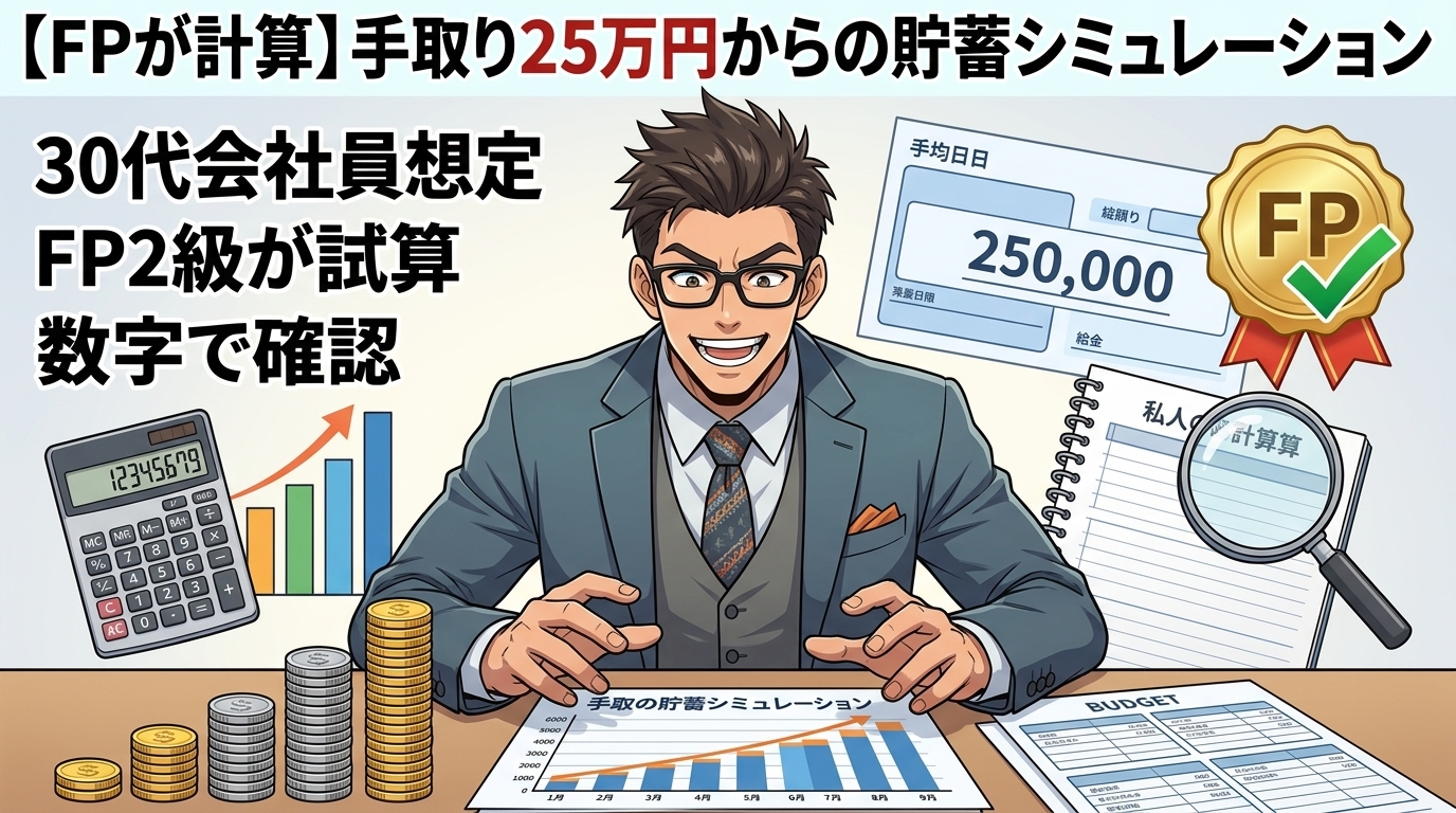 手取り25万でも、ここまで貯まるについて30代会社員想定やFP2級が試算や数字で確認などの要素を描いたイラスト