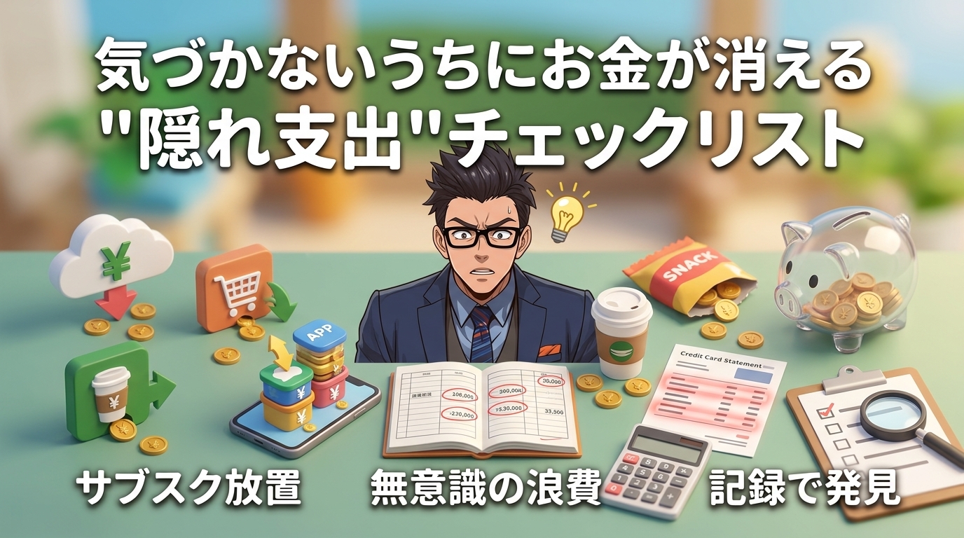 見えない出費についてサブスク放置や無意識の浪費や記録で発見などの要素を描いたイラスト