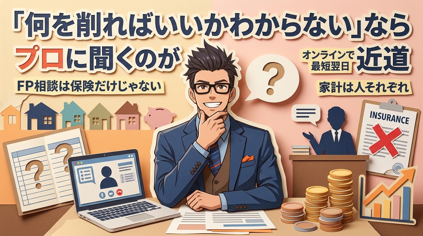 30分で見つかる、自分では気づけない改善点についてFP相談は保険だけじゃないやオンラインで最短翌日や家計は人それぞれなどの要素を描いたイラスト