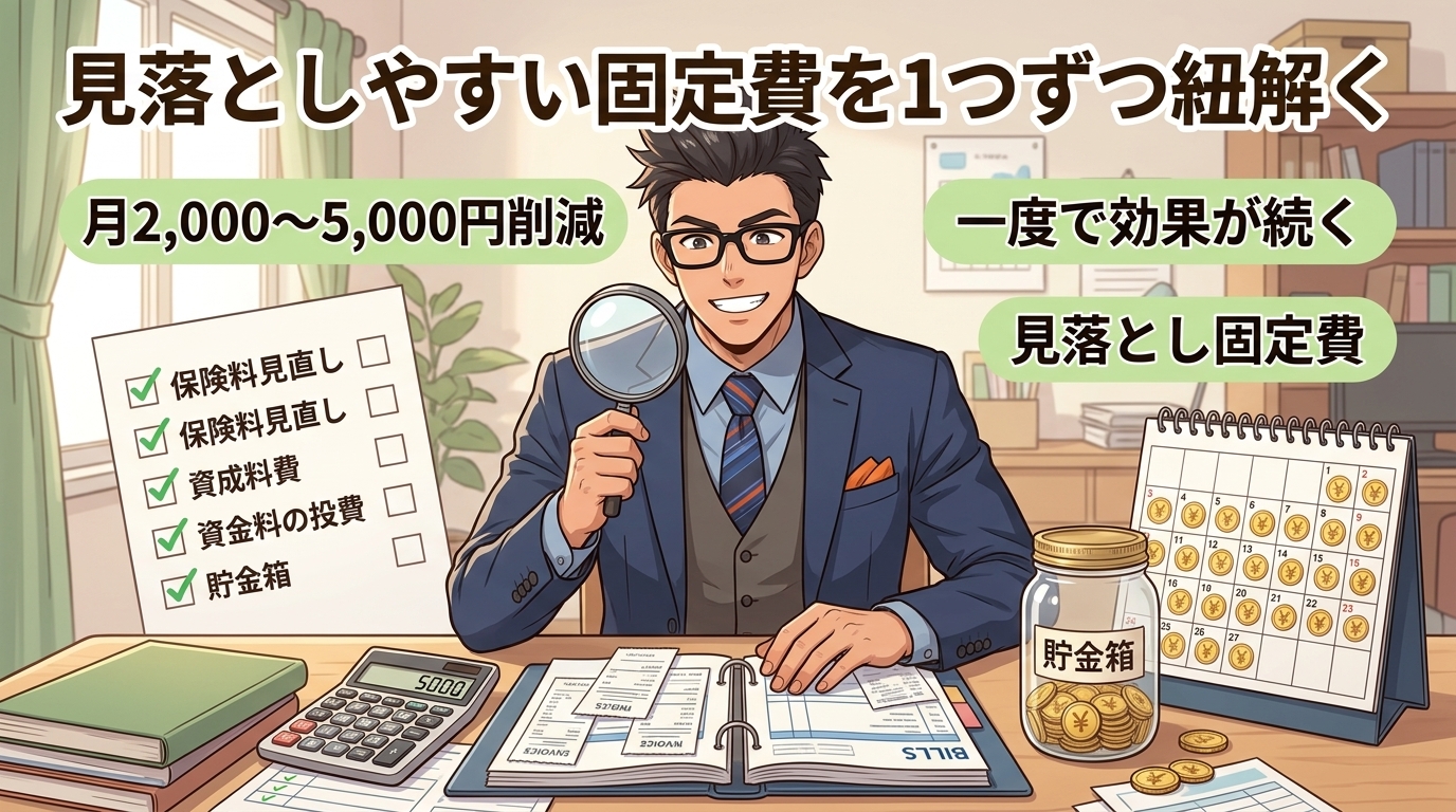 放置していた出費について月2,000〜5,000円削減や一度で効果が続くや見落とし固定費などの要素を描いたイラスト