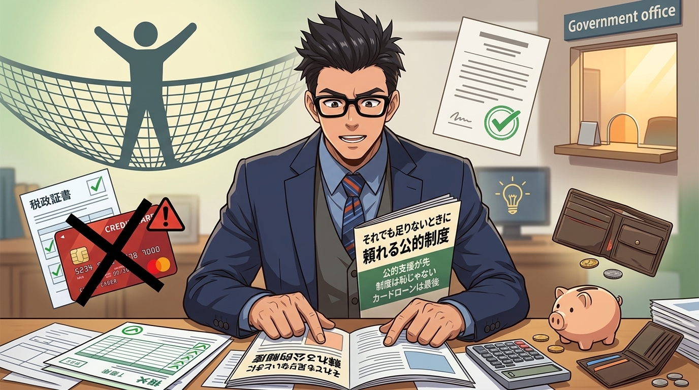 借りる前に知れについて公的支援が先や制度は恥じゃないやカードローンは最後などの要素を描いたイラスト