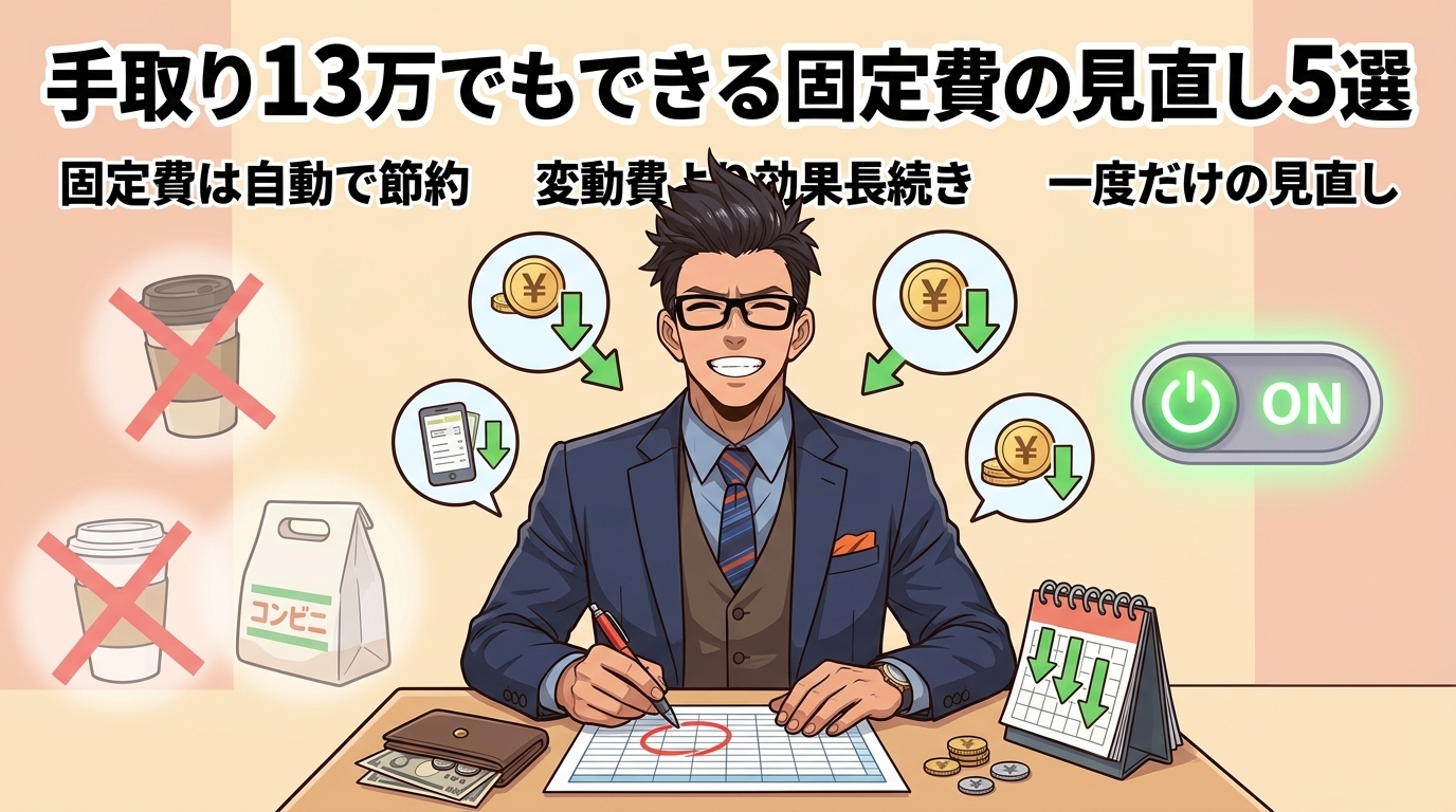 我慢するより仕組みを変えようについて固定費は自動で節約や変動費より効果長続きや一度だけの見直しなどの要素を描いたイラスト