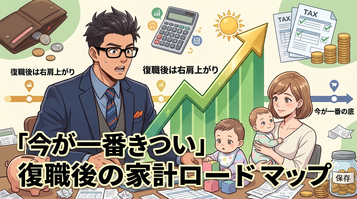 育休明けから家計は上がるだけについて復職後は右肩上がりや今が一番の底などの要素を描いたイラスト