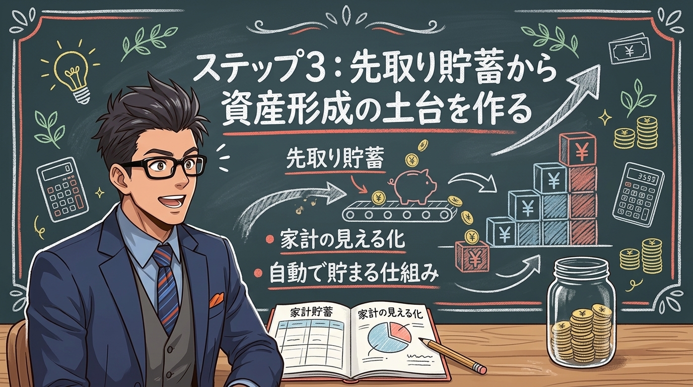 お金が勝手に貯まる仕組み、作れてる?について先取り貯蓄や家計の見える化や自動で貯まる仕組みなどの要素を描いたイラスト