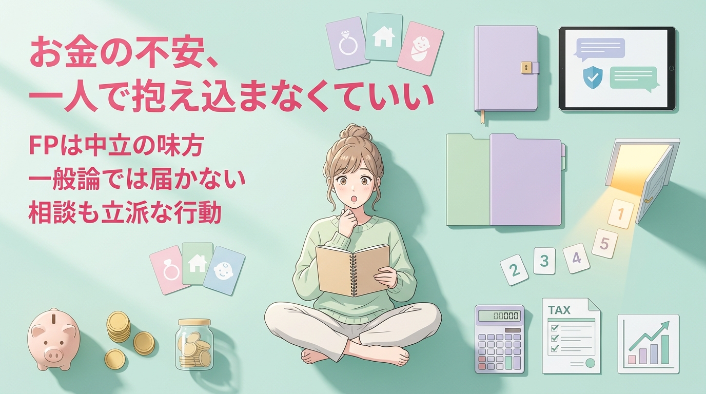 相談するだけで、未来が変わるについてFPは中立の味方や一般論では届かないや相談も立派な行動などの要素を描いたイラスト