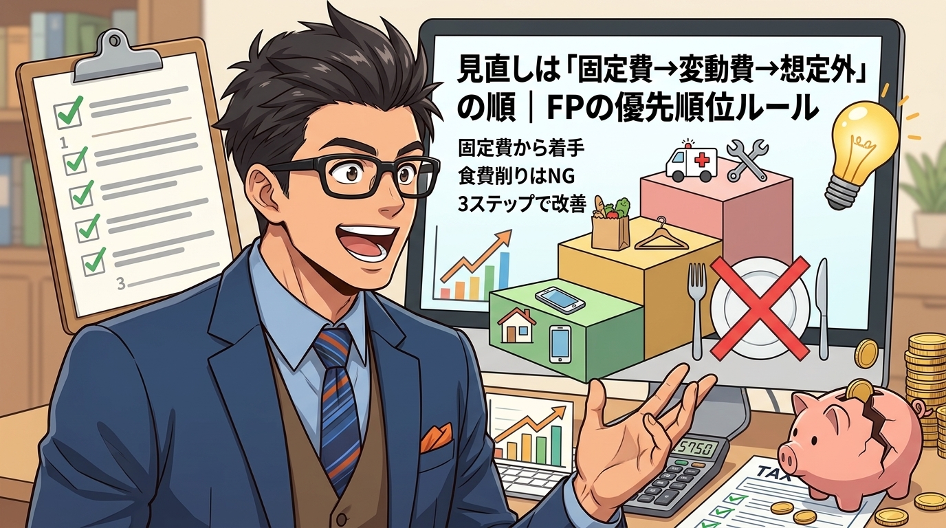 順番が9割について固定費から着手や食費削りはNGや3ステップで改善などの要素を描いたイラスト