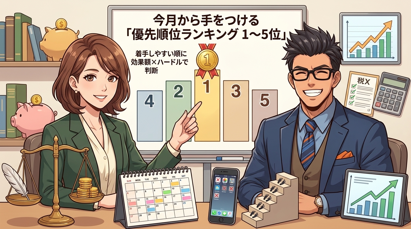 まず1つだけ、今月やればいいについて着手しやすい順にや効果額×ハードルで判断などの要素を描いたイラスト