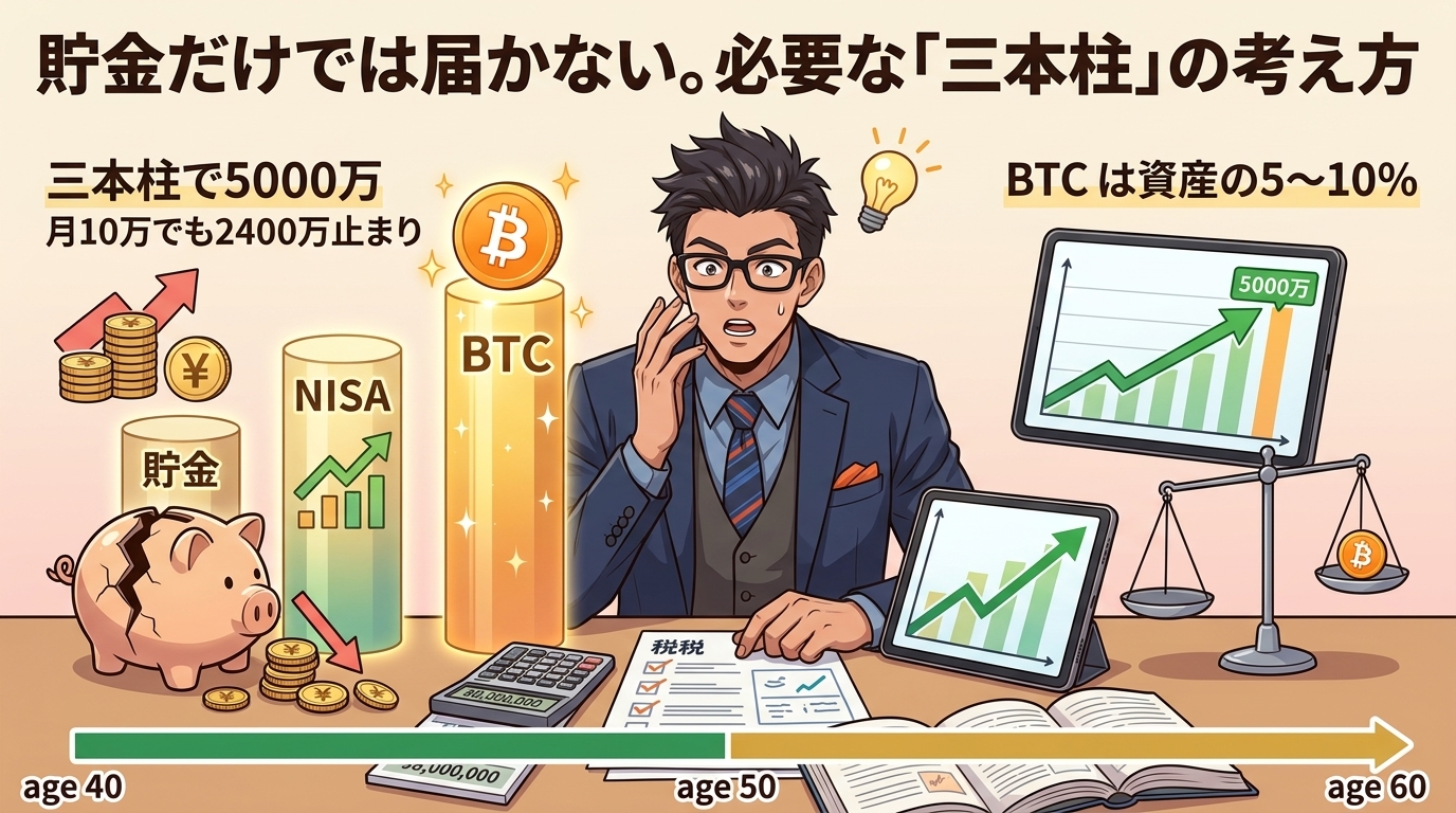 貯金だけじゃ届かないについて三本柱で5000万や月10万でも2400万止まりやBTC は資産の5〜10%などの要素を描いたイラスト