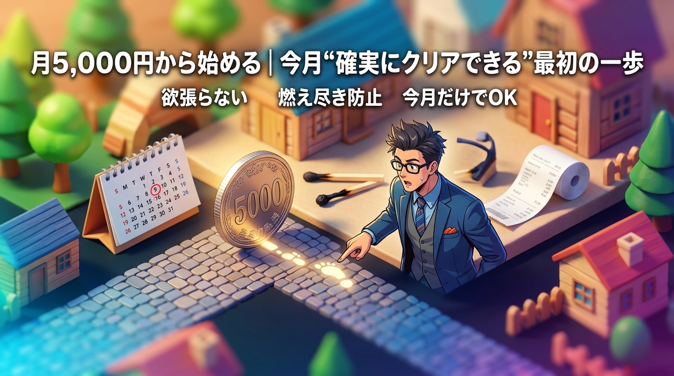 まず5,000円だけについて欲張らないや燃え尽き防止や今月だけでOKなどの要素を描いたイラスト
