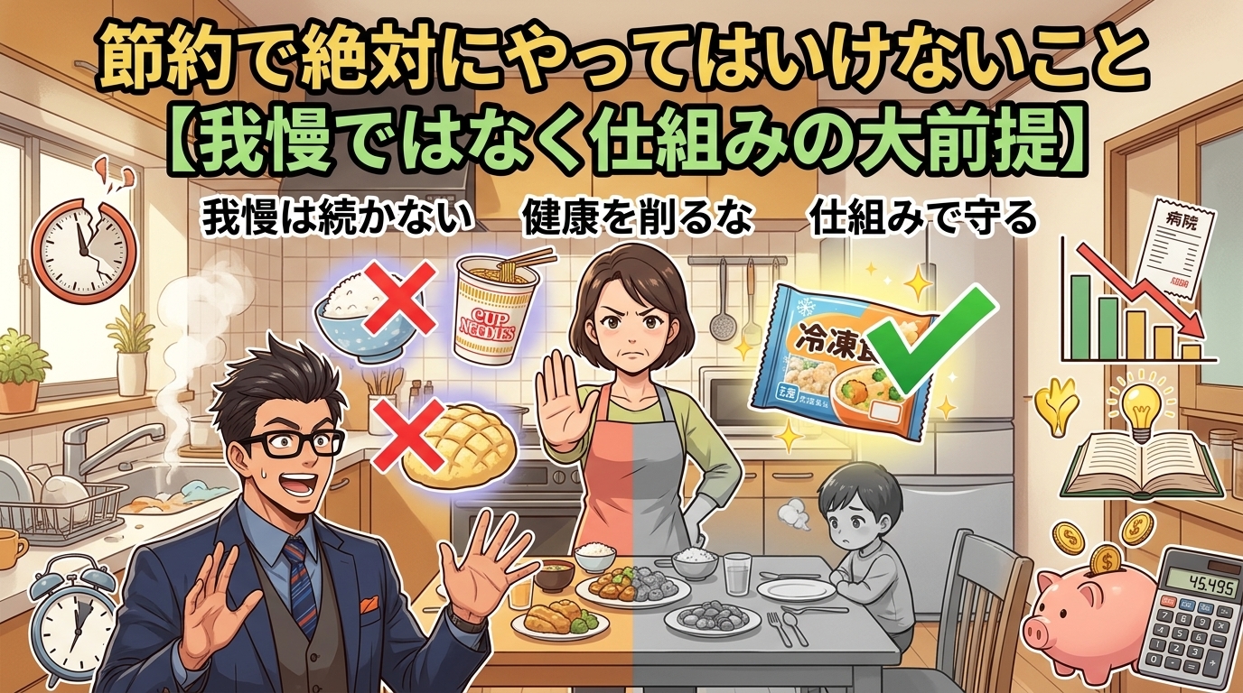 その節約、逆効果ですについて我慢は続かないや健康を削るなや仕組みで守るなどの要素を描いたイラスト