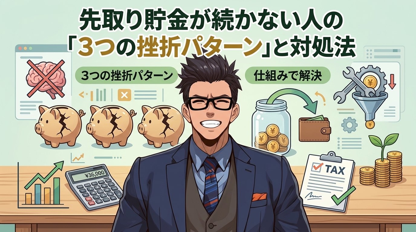 意志の問題じゃないについて3つの挫折パターンや仕組みで解決などの要素を描いたイラスト
