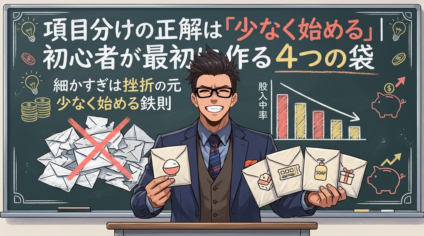 まず4つだけについて細かすぎは挫折の元や少なく始める鉄則などの要素を描いたイラスト