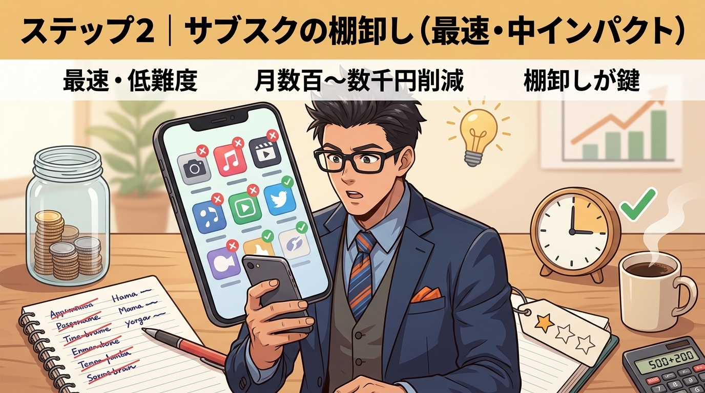 15分で減らせる固定費について最速・低難度や月数百〜数千円削減や棚卸しが鍵などの要素を描いたイラスト