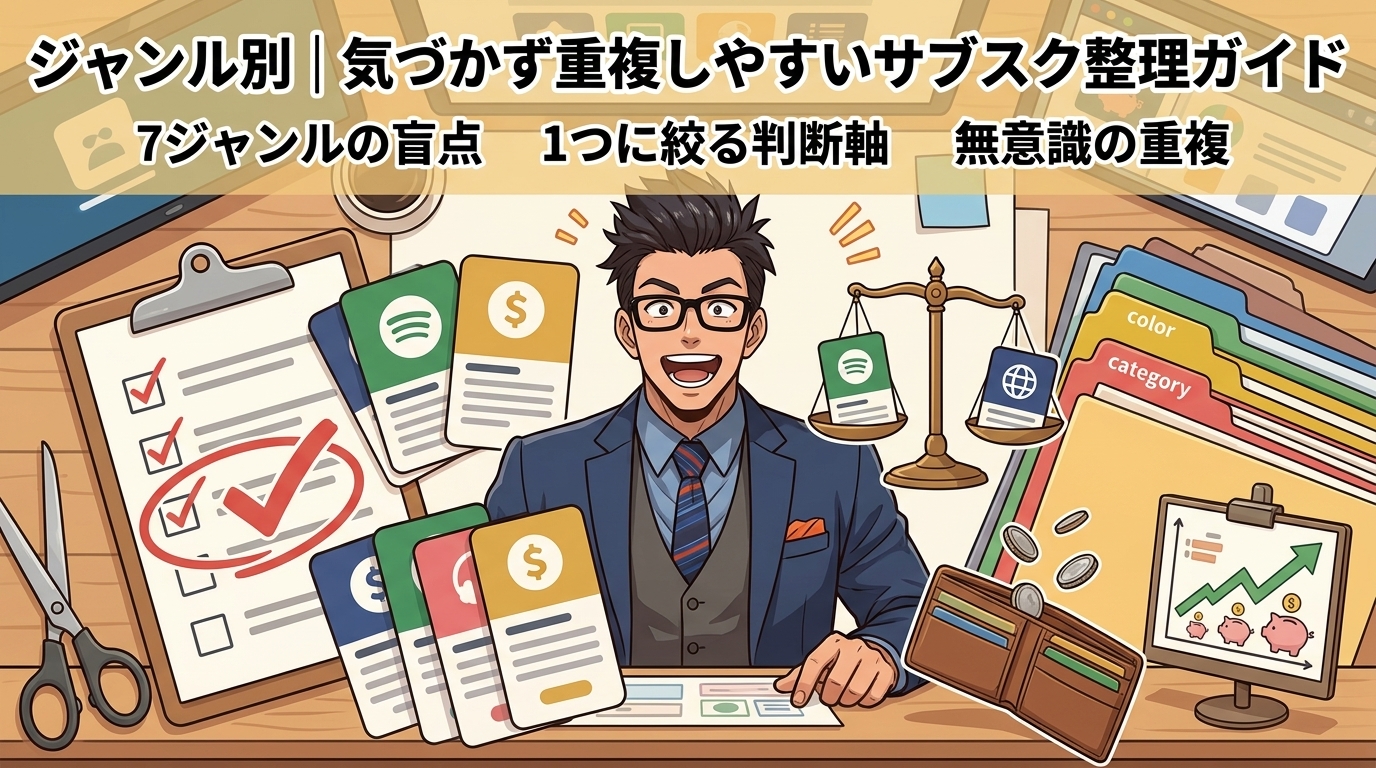 そのサブスク、実は被ってない?について7ジャンルの盲点や1つに絞る判断軸や無意識の重複などの要素を描いたイラスト