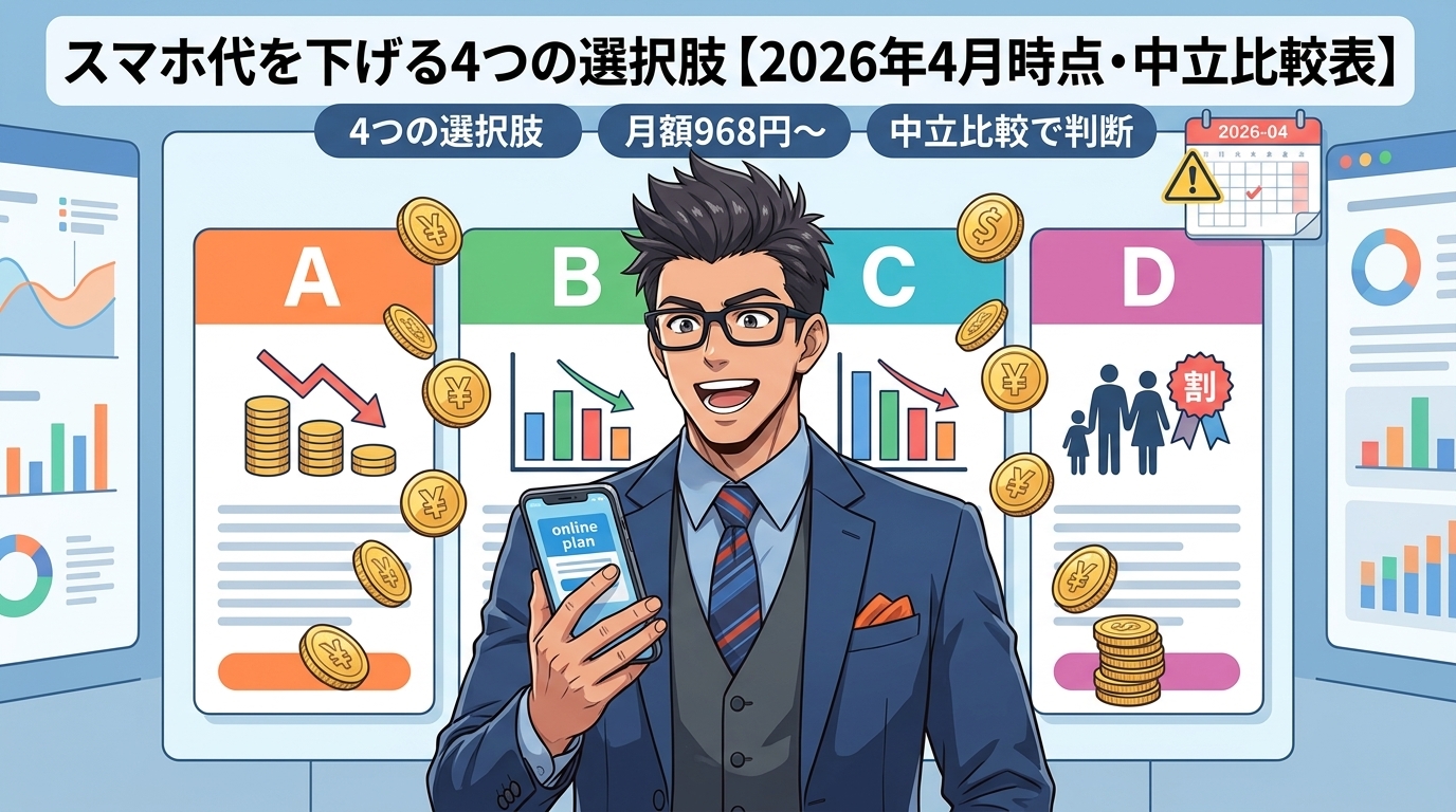 スマホ代、まだ高い?について4つの選択肢や月額968円〜や中立比較で判断などの要素を描いたイラスト