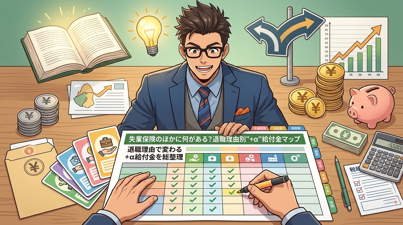 失業保険だけじゃないについて退職理由で変わるや+α給付金を総整理などの要素を描いたイラスト