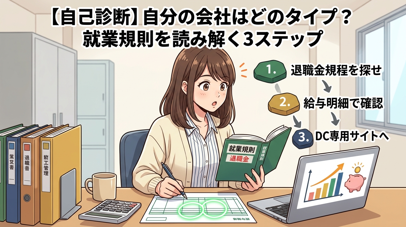 答えは就業規則にあるについて退職金規程を探せや給与明細で確認やDC専用サイトへなどの要素を描いたイラスト