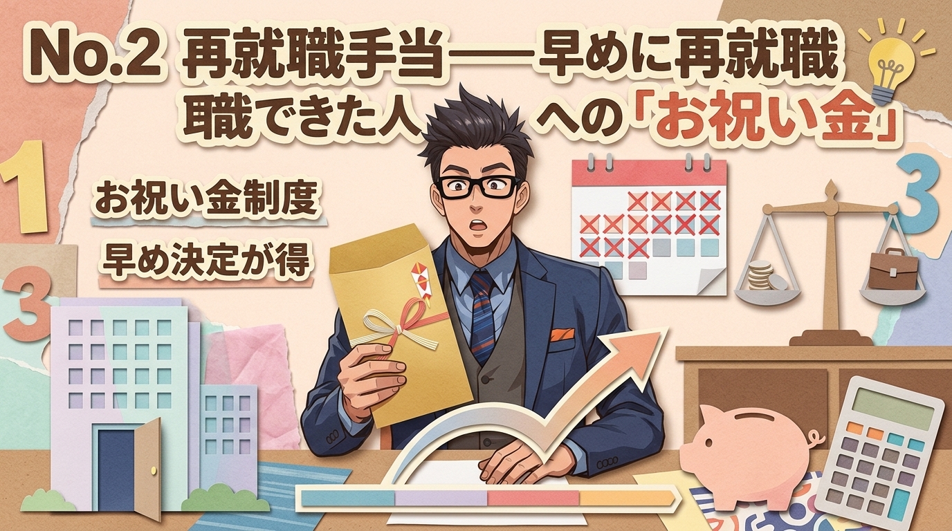 早期再就職のご褒美についてお祝い金制度や早め決定が得などの要素を描いたイラスト