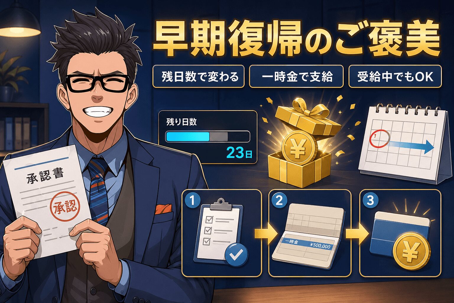 早期復帰のご褒美について残日数で変わるや一時金で支給や受給中でもOKなどの要素を描いたイラスト