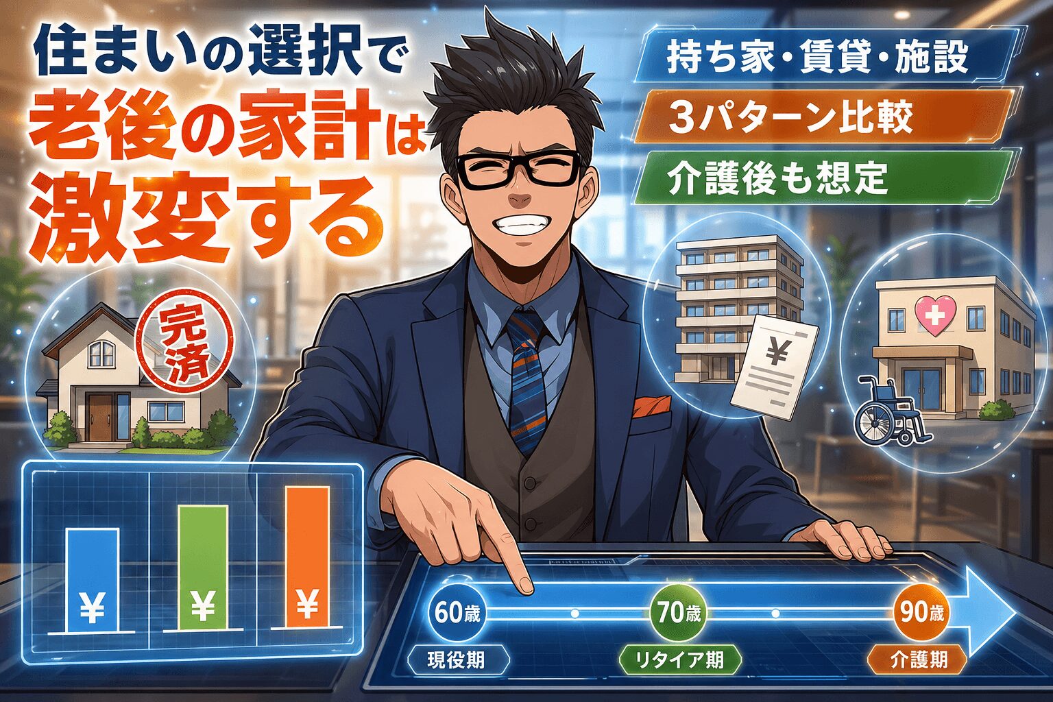 住まいの選択で老後の家計は激変するについて持ち家・賃貸・施設や3パターン比較や介護後も想定などの要素を描いたイラスト