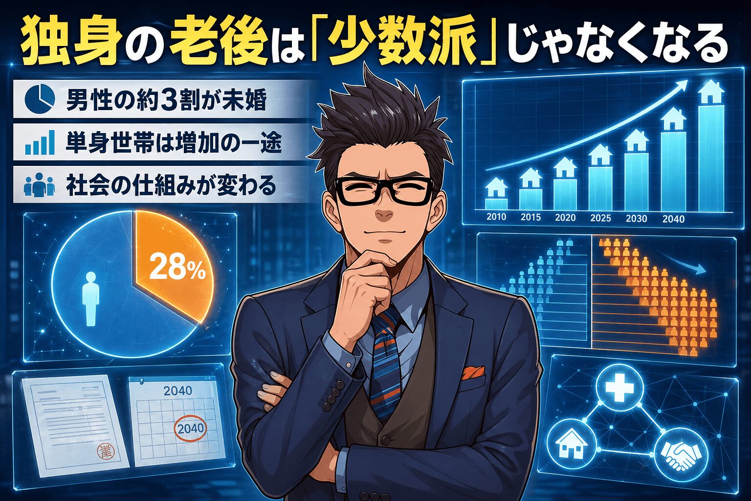 独身の老後は「少数派」じゃなくなるについて男性の約3割が未婚や単身世帯は増加の一途や社会の仕組みが変わるなどの要素を描いたイラスト