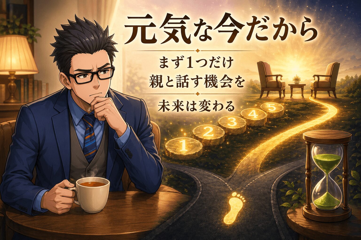 元気な今だからについてまず1つだけや親と話す機会をや未来は変わるなどの要素を描いたイラスト