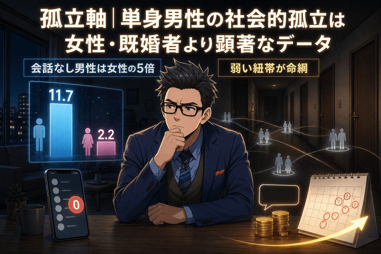 誰とも話さない日が続く老後、想像できますかについて会話なし男性は女性の5倍や弱い紐帯が命綱などの要素を描いたイラスト