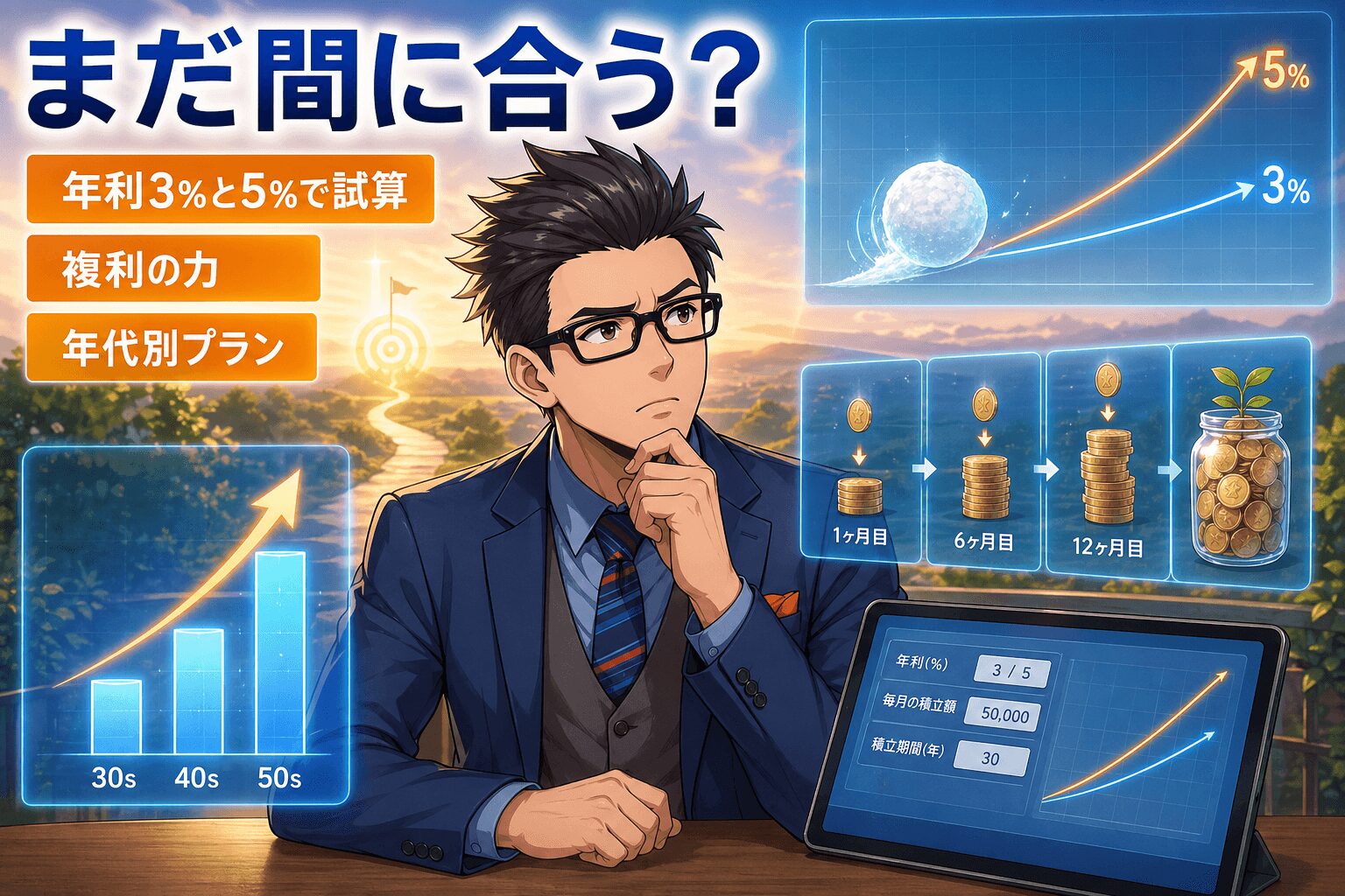 まだ間に合う?について年利3%と5%で試算や複利の力や年代別プランなどの要素を描いたイラスト
