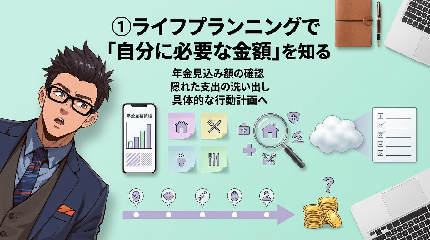 老後の不安、数字にすれば怖くないについて年金見込み額の確認や隠れた支出の洗い出しや具体的な行動計画へなどの要素を描いたイラスト