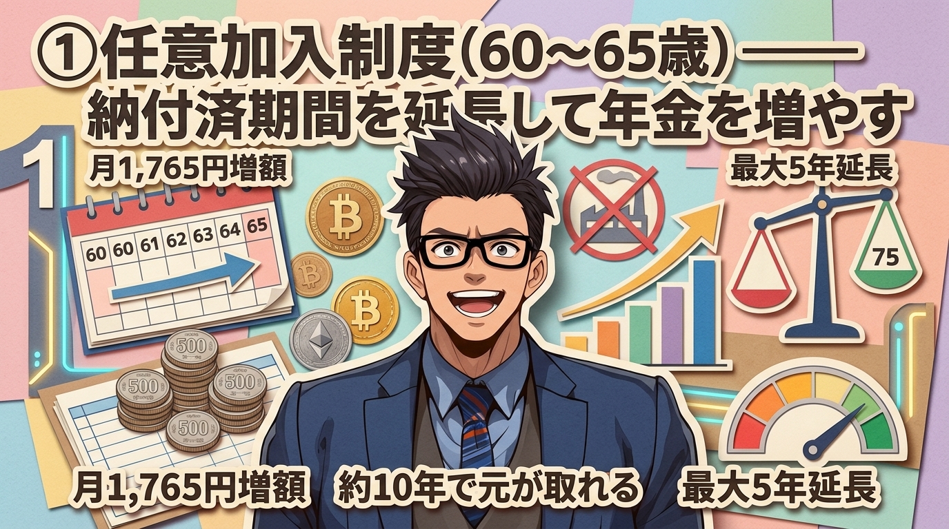 60歳からの逆転策について月1,765円増額や約10年で元が取れるや最大5年延長などの要素を描いたイラスト