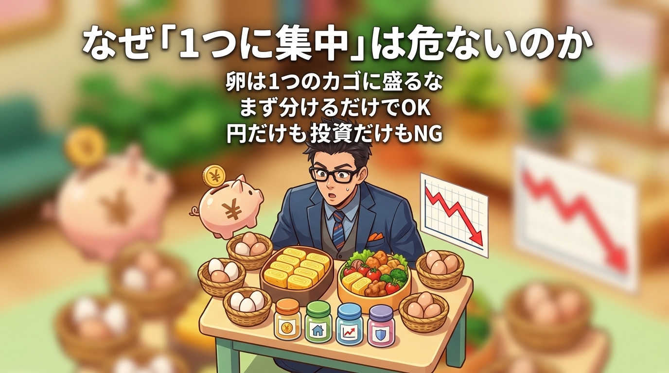 全部のせは危険について卵は1つのカゴに盛るなやまず分けるだけでOKや円だけも投資だけもNGなどの要素を描いたイラスト