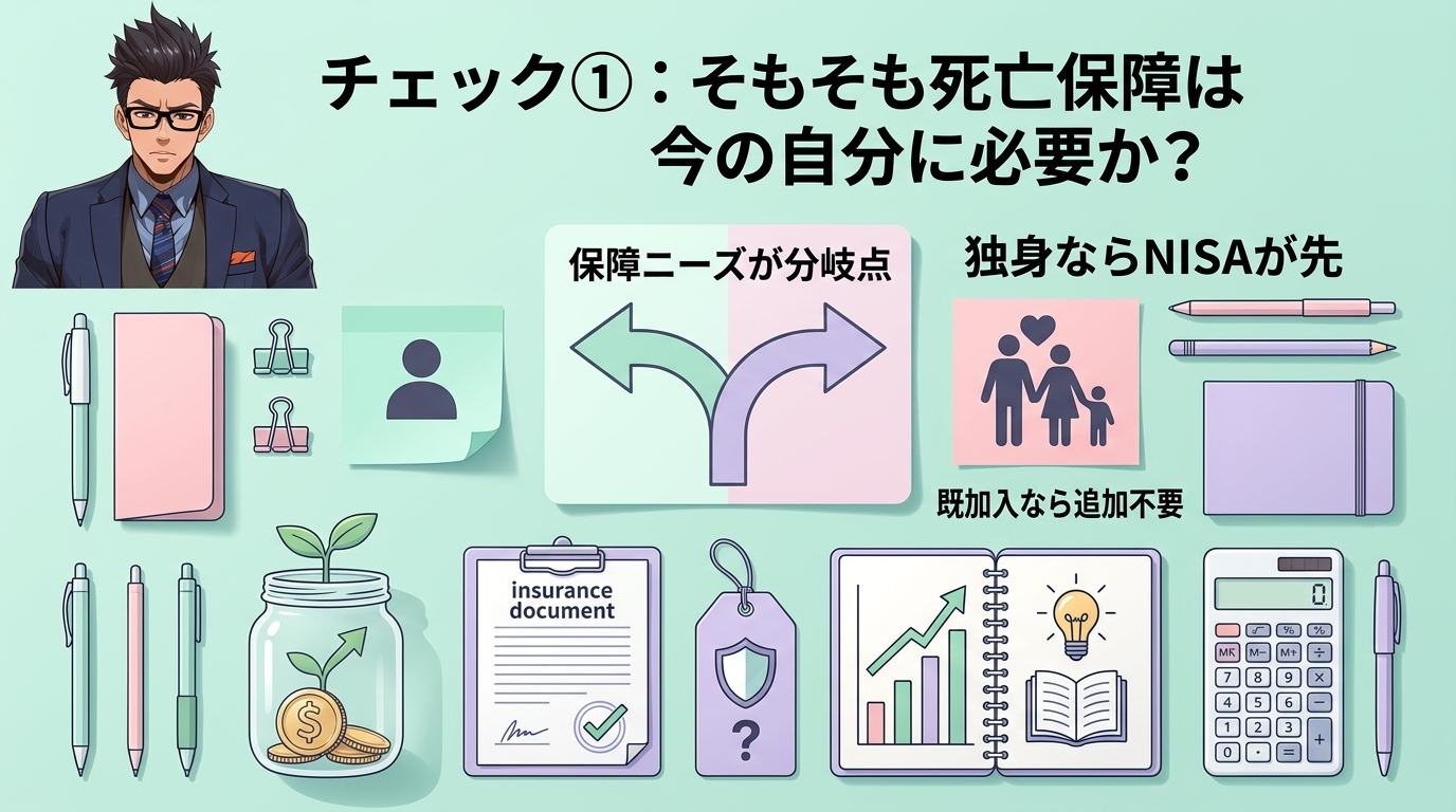 その死亡保障、本当に今の自分に必要?について保障ニーズが分岐点や独身ならNISAが先や既加入なら追加不要などの要素を描いたイラスト