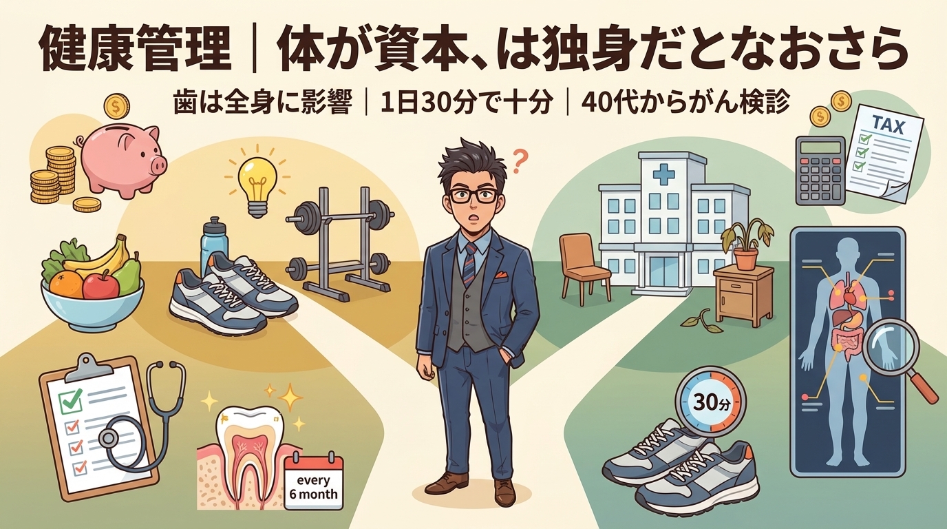 体が全財産について歯は全身に影響や1日30分で十分や40代からがん検診などの要素を描いたイラスト