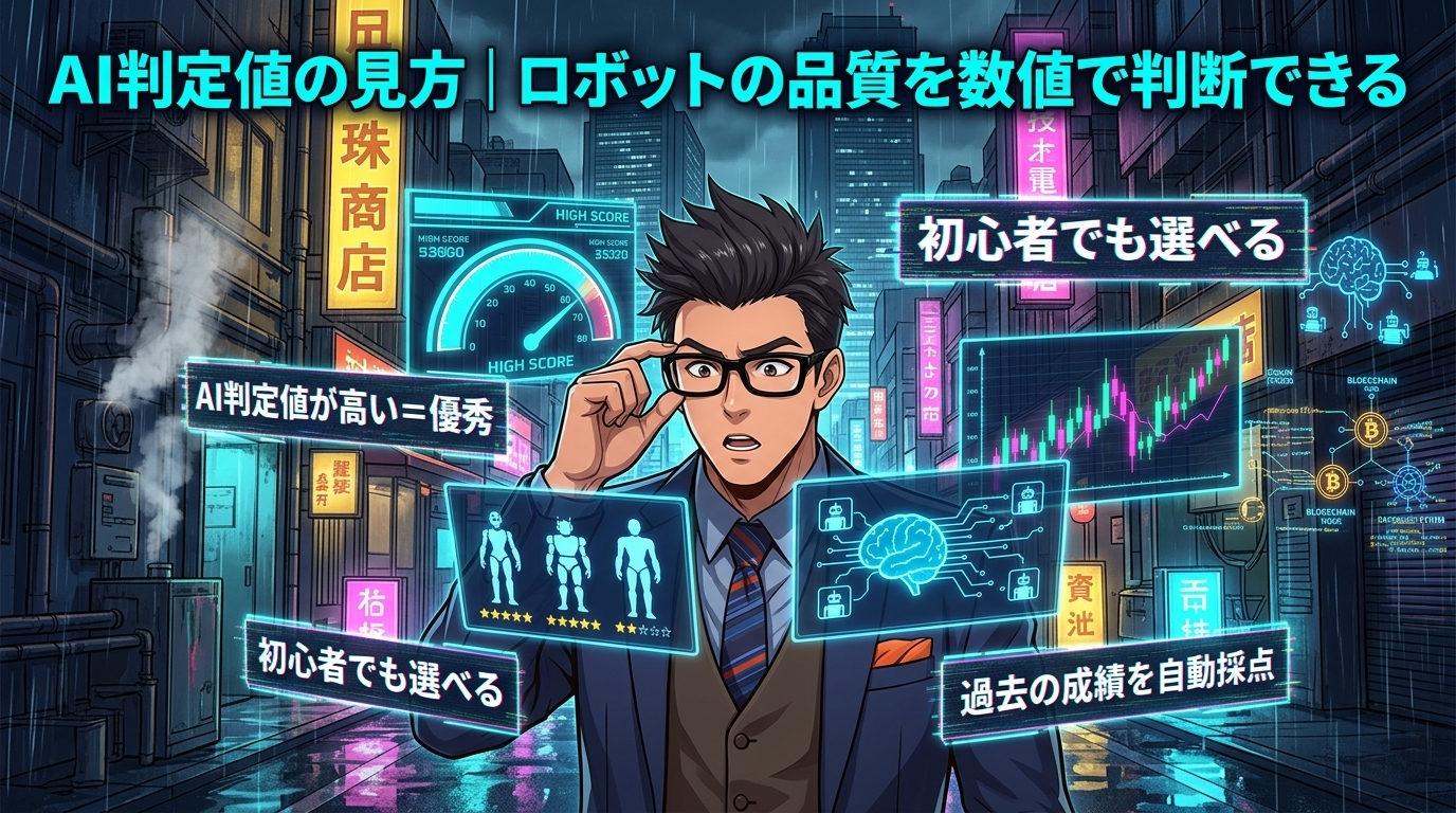 数字ひとつで良いロボットが分かるについてAI判定値が高い=優秀や初心者でも選べるや過去の成績を自動採点などの要素を描いたイラスト