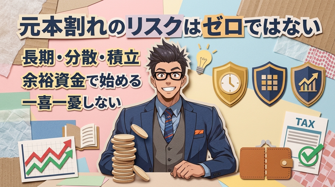 減っても続ける、が正解だったについて長期・分散・積立や余裕資金で始めるや一喜一憂しないなどの要素を描いたイラスト