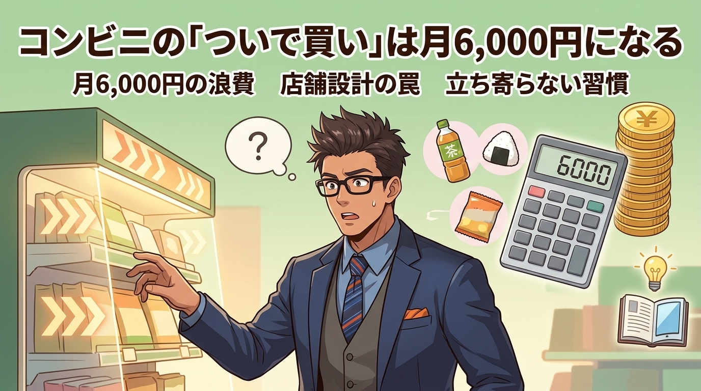 その一本、年7万円について月6,000円の浪費や店舗設計の罠や立ち寄らない習慣などの要素を描いたイラスト