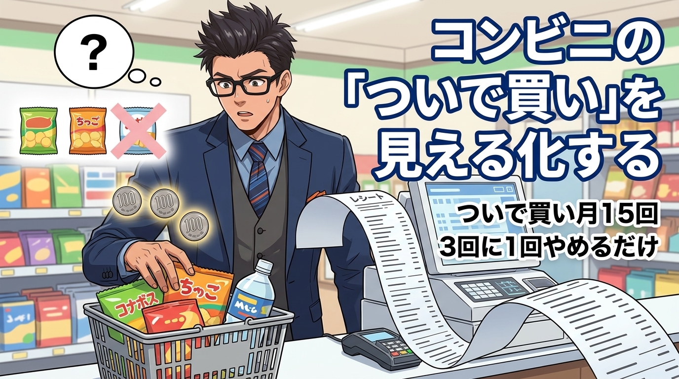 その300円、月4,500円になってたについてついで買い月15回や3回に1回やめるだけなどの要素を描いたイラスト