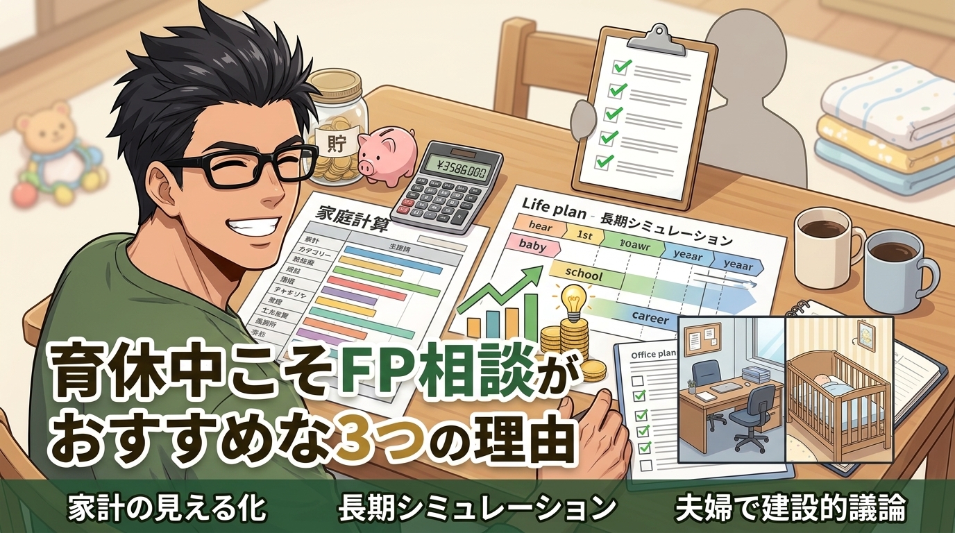 育休中の今しかできないお金の整理術について家計の見える化や長期シミュレーションや夫婦で建設的議論などの要素を描いたイラスト