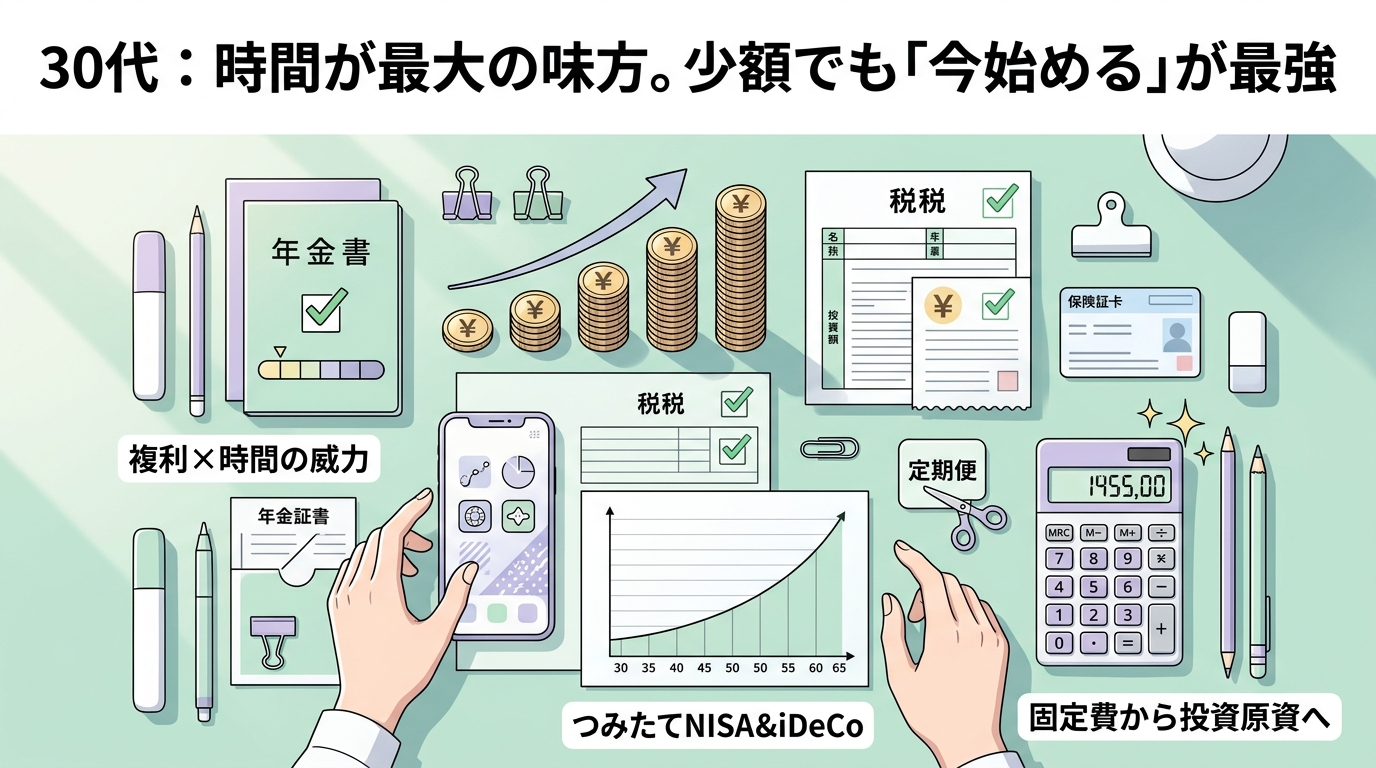 月1万円が35年後に742万円になる理由について複利×時間の威力やつみたてNISA&iDeCoや固定費から投資原資へなどの要素を描いたイラスト
