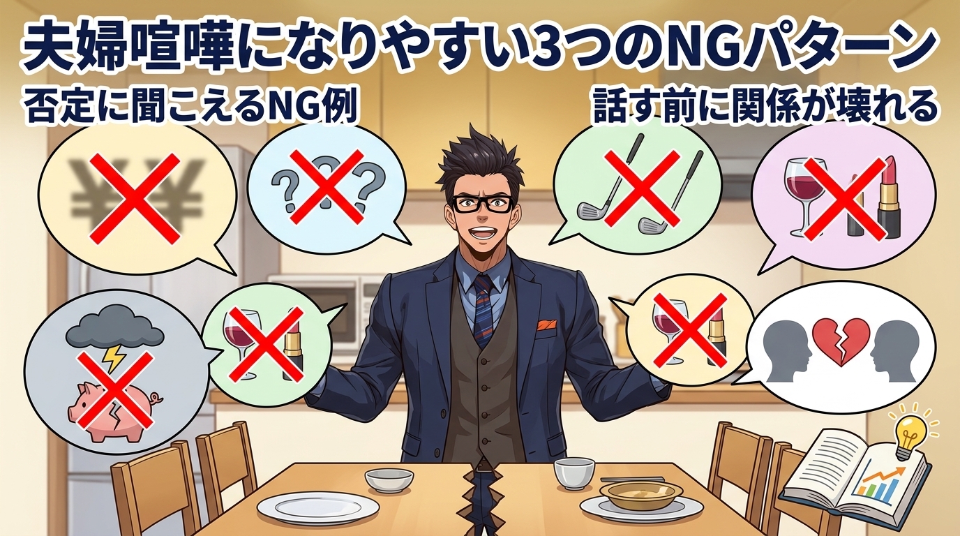 その切り出し方、相手を傷つけてますについて否定に聞こえるNG例や話す前に関係が壊れるなどの要素を描いたイラスト