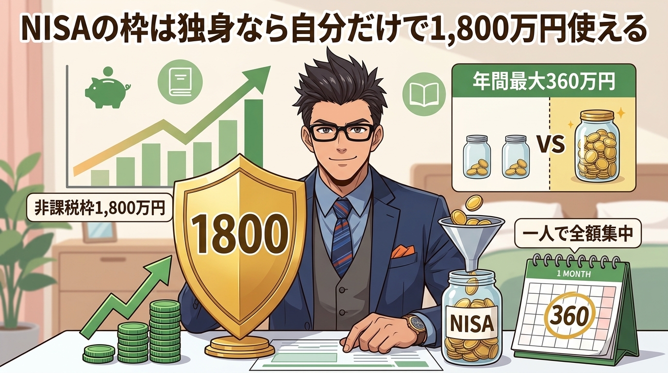 独身だけの特権について非課税枠1,800万円や年間最大360万円や一人で全額集中などの要素を描いたイラスト