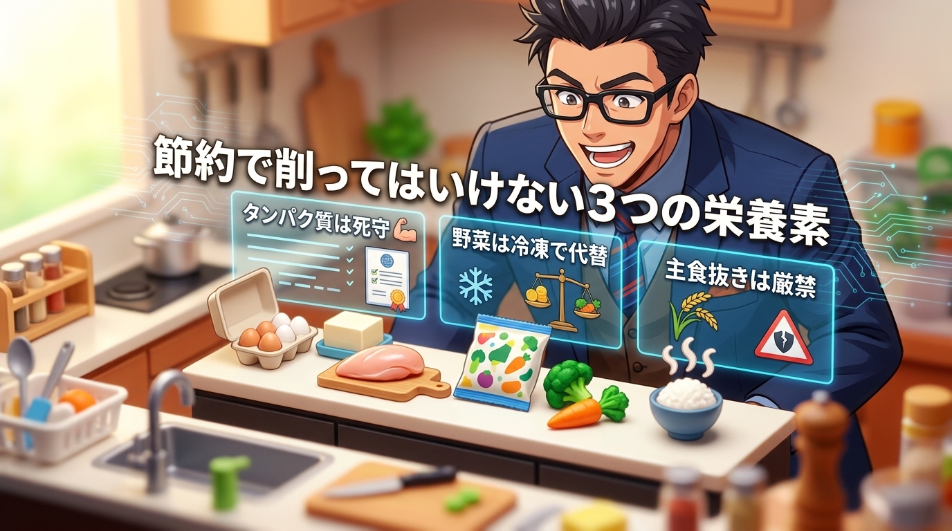 削るな、この3つについてタンパク質は死守や野菜は冷凍で代替や主食抜きは厳禁などの要素を描いたイラスト