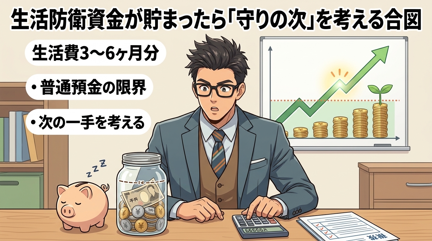 貯金、寝かせすぎてない?について生活費3〜6ヶ月分や普通預金の限界や次の一手を考えるなどの要素を描いたイラスト