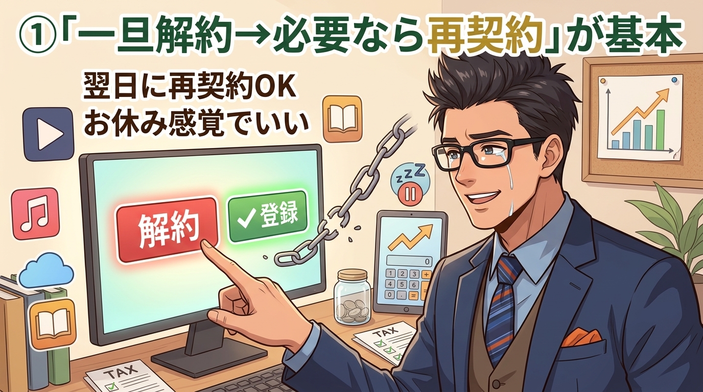 解約しても、また戻れるについて翌日に再契約OKやお休み感覚でいいなどの要素を描いたイラスト