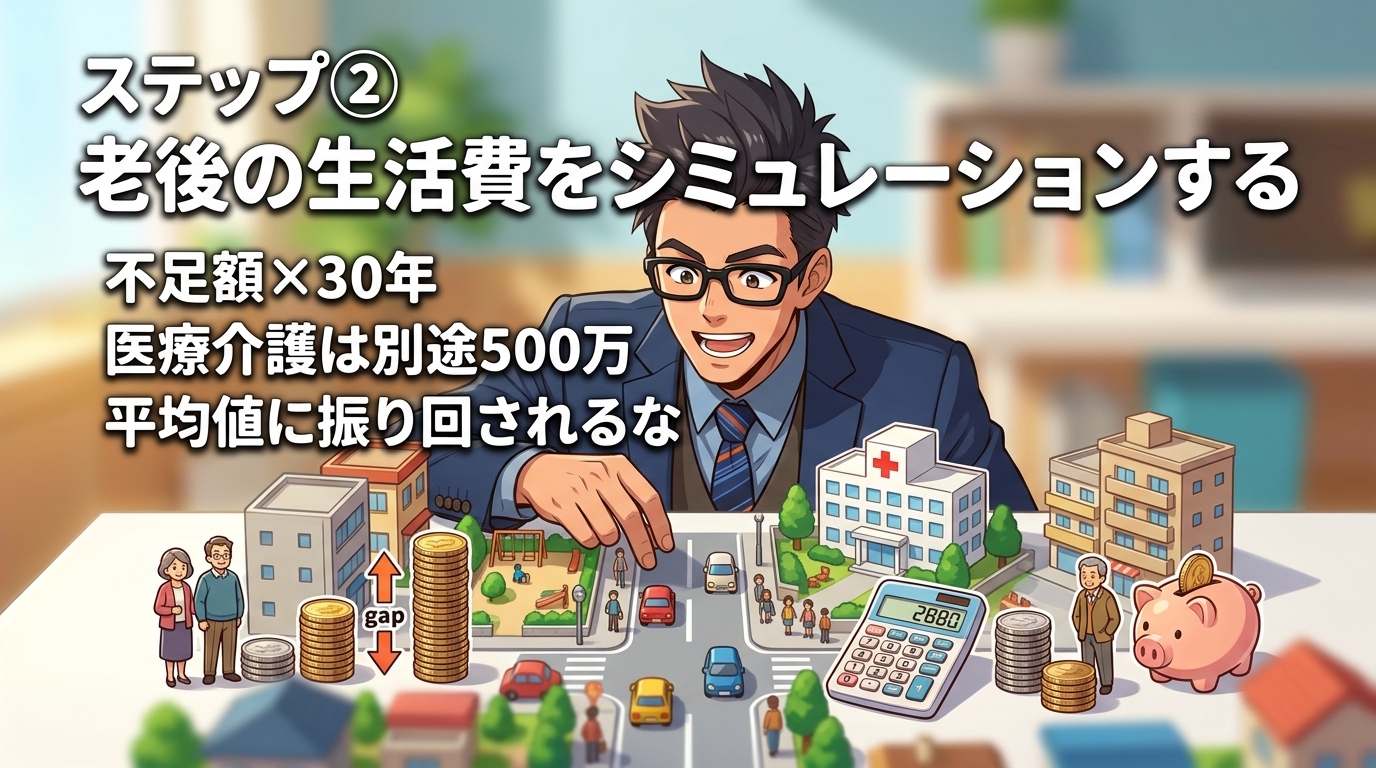 あなたの老後、月いくら足りない?について不足額×30年や医療介護は別途500万や平均値に振り回されるななどの要素を描いたイラスト