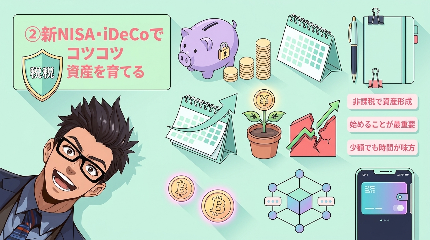 月1万円が20年で1.7倍になる事実について非課税で資産形成や始めることが最重要や少額でも時間が味方などの要素を描いたイラスト