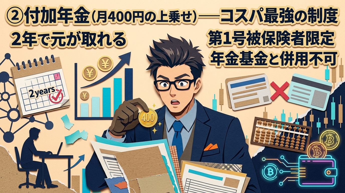 月400円の魔法について2年で元が取れるや第1号被保険者限定や年金基金と併用不可などの要素を描いたイラスト