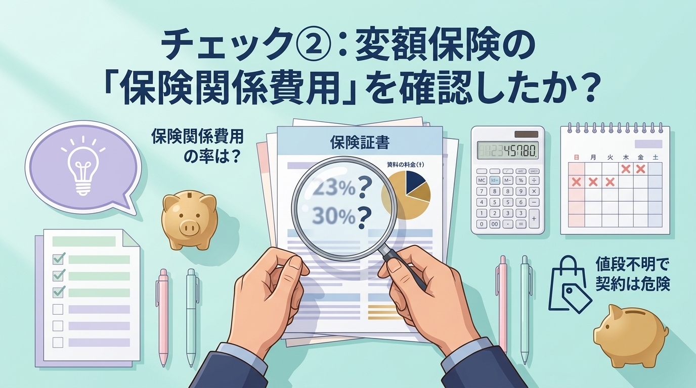 コストを聞けない保険は買ってはいけないについて保険関係費用の率は?や解約控除に要注意や値段不明で契約は危険などの要素を描いたイラスト