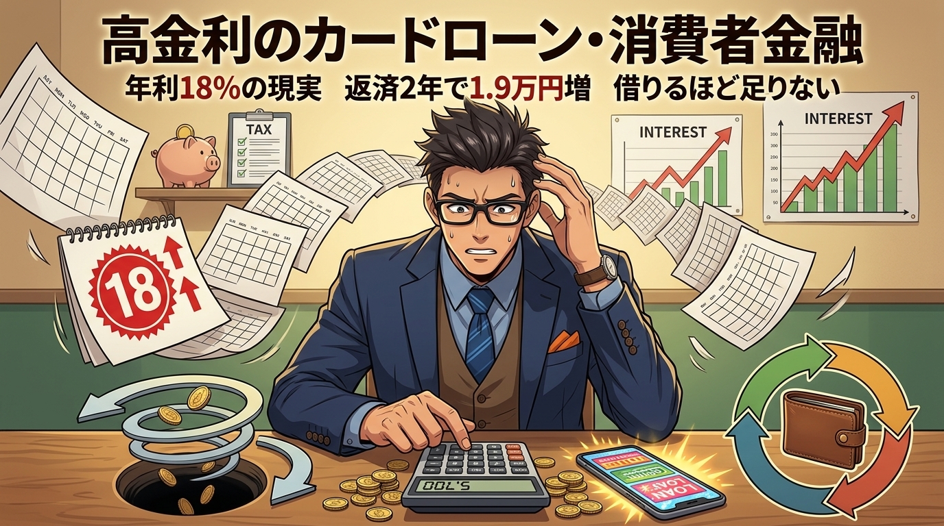 利息という罠について年利18%の現実や返済2年で1.9万円増や借りるほど足りないなどの要素を描いたイラスト